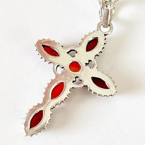 925 Sterling Silver Carnelian cross Necklace Gemstone Womens Jewelry handmade - Picture 9 of 10